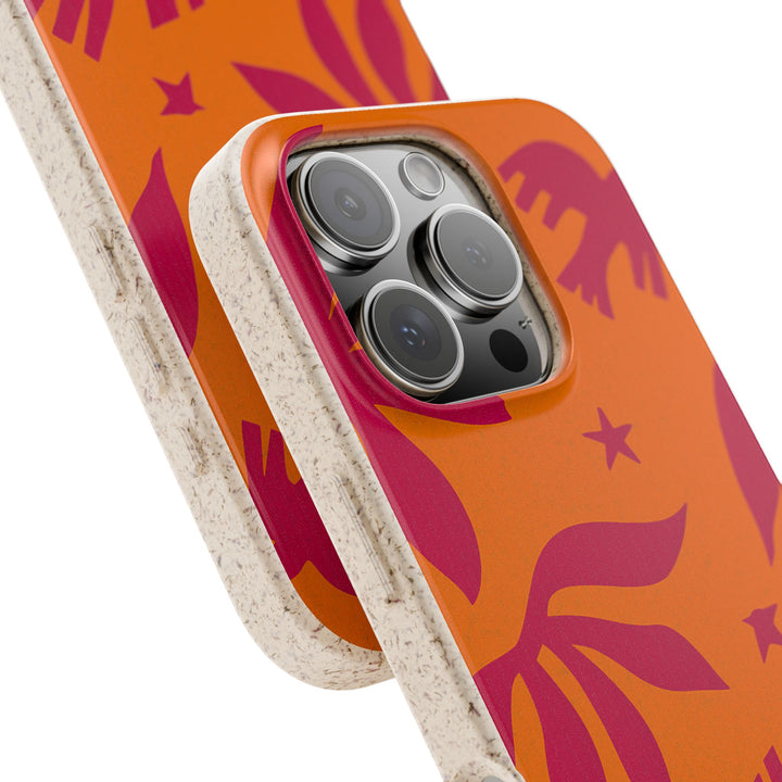 Eco-friendly Tropic Flight iPhone Case with vibrant orange and pink design, crafted from biodegradable materials for many iPhone models.