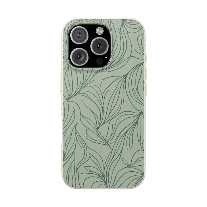 Eco-friendly Verdant Flow iPhone cover featuring minimal leafline design, durable matte finish for various iPhone and Samsung models.