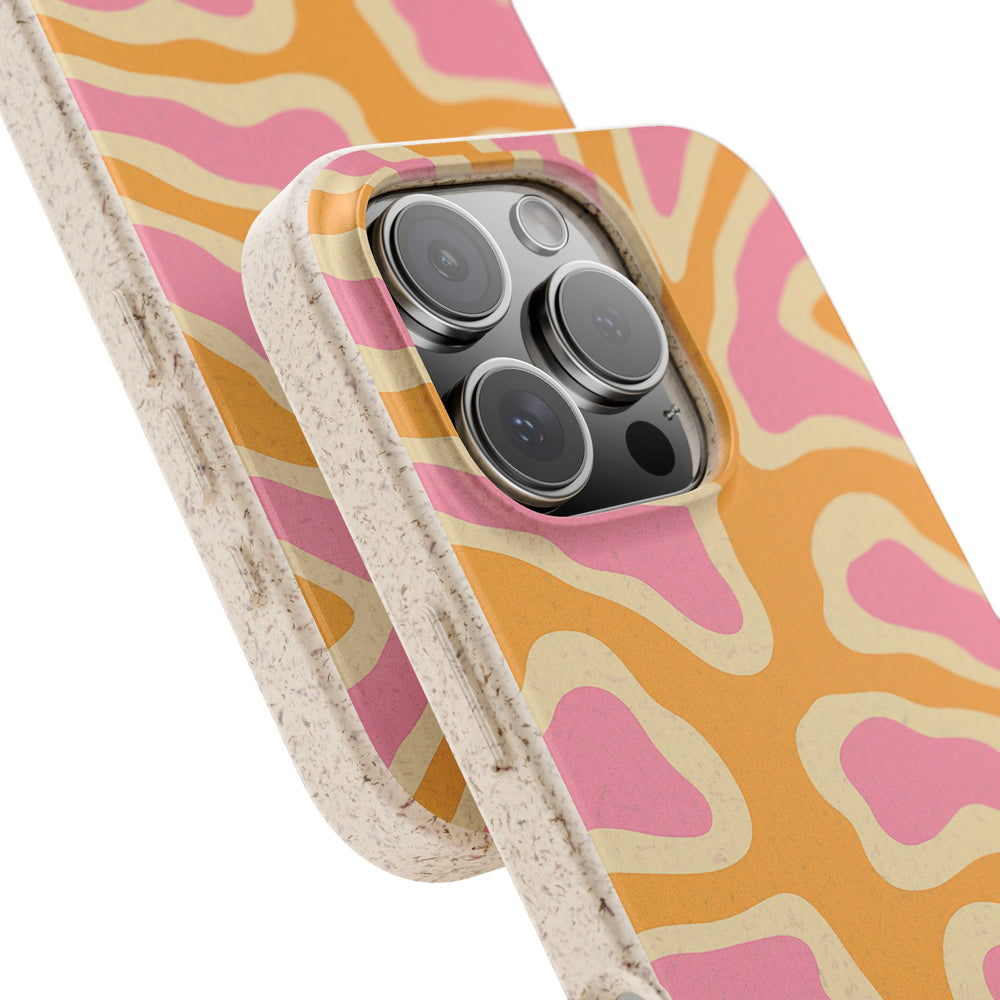 Eco-friendly bright abstract retro iPhone case with vibrant colors and durable design for multiple iPhone and Samsung models.