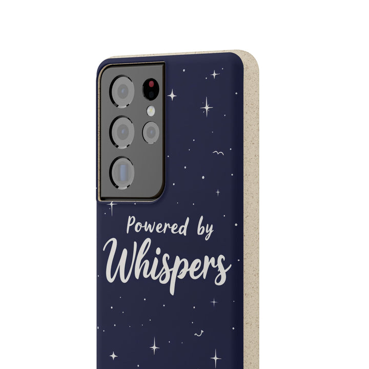 Eco-friendly Samsung case with 'Powered by Whispers' text, starry design, biodegradable material, compatible with many models.