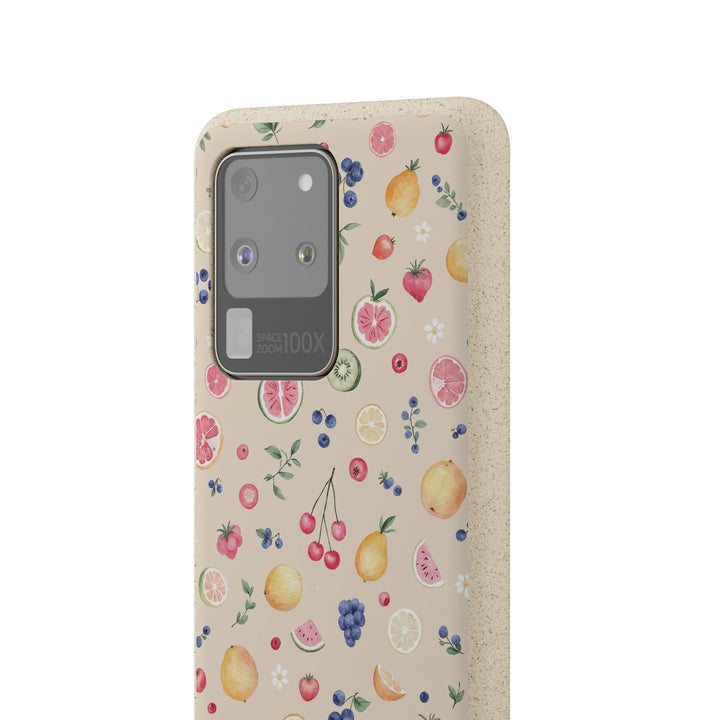 Eco-friendly Samsung case with vibrant fruit garden design, made from PLA plant polymer and bamboo. Durable and stylish for summer.