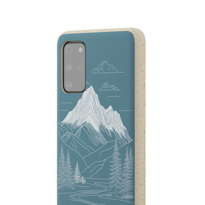 Whispers of the Mountains Samsung Case with white-on-blue mountain design, eco-friendly, durable for Samsung and iPhone models.
