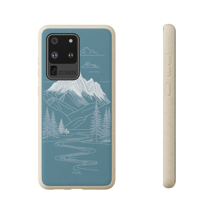 Eco-friendly Samsung case with minimalist white-on-blue mountain design, perfect for nature lovers seeking style and durability.