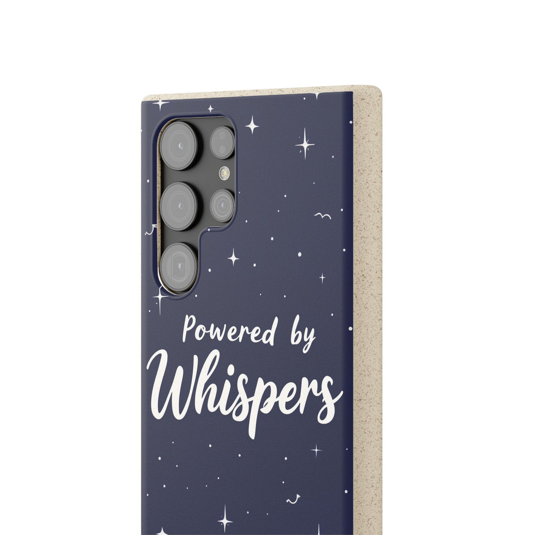 Eco-friendly Samsung phone case with 'Powered by Whispers' design, biodegradable, stylish for all settings.