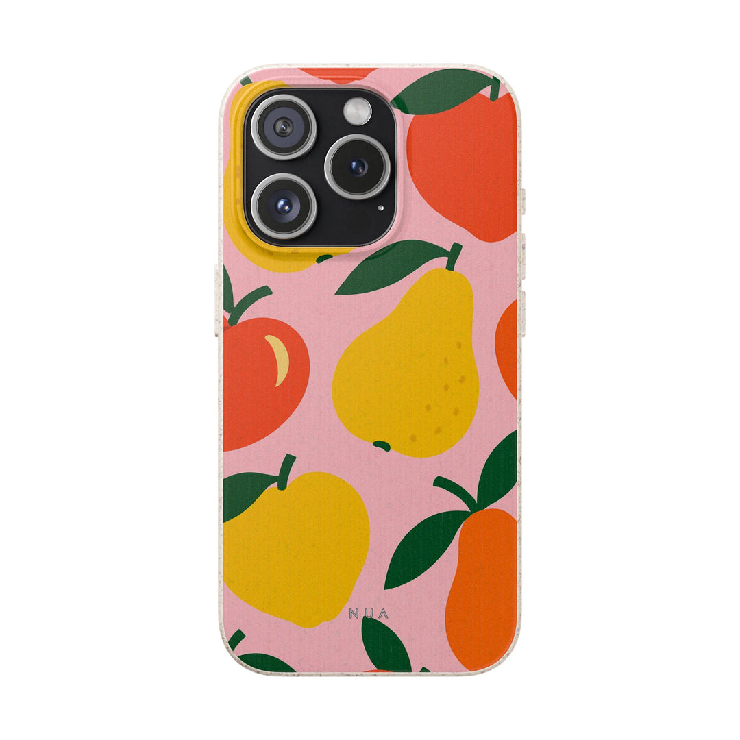 Eco-friendly fruit pattern phone case featuring vibrant apples and pears, biodegradable and stylish design for sustainable living.