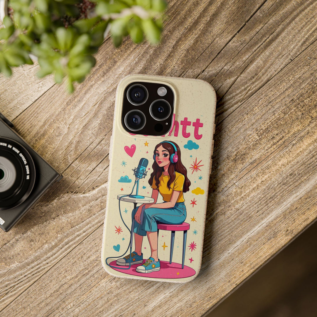 Eco-friendly Rapunzel ASMR iPhone cover with vibrant design and durability for various Apple and Samsung models on wooden surface.