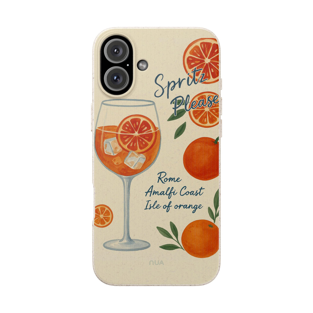 Spritz Please Cocktail iPhone Case with colorful orange design, eco-friendly, biodegradable, fits many iPhone and Samsung models.