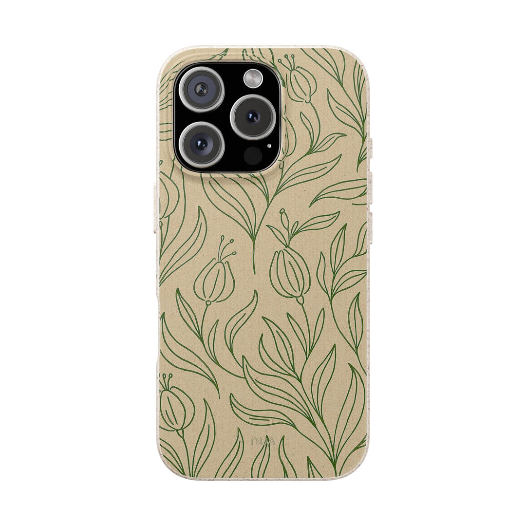 Eco-friendly biodegradable phone case with green floral design for various iPhone models. Stylish, durable, and planet-friendly.