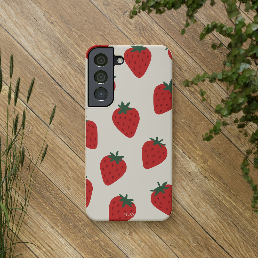 Berry Cute Strawberries Samsung Case on wooden surface, eco-friendly, durable, vibrant summer design for sustainable tech lovers