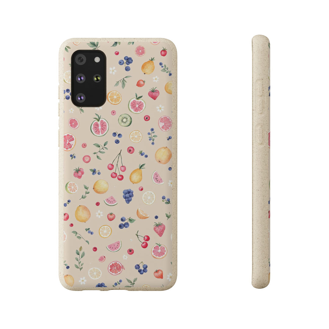 Eco-friendly Samsung case with vibrant fruit garden design, made of PLA and bamboo, perfect for summer and nature lovers.
