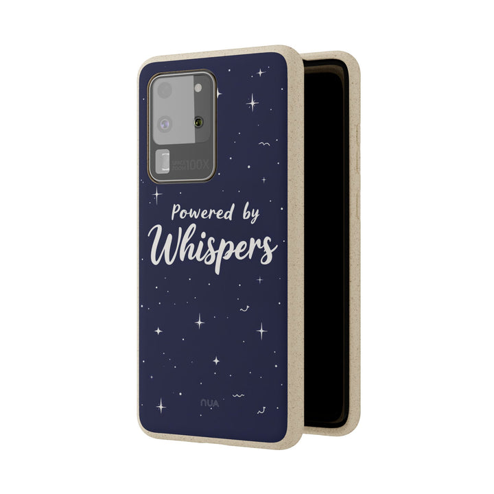 Eco-friendly Samsung case with 'Powered by Whispers' design, biodegradable and stylish for multiple models.