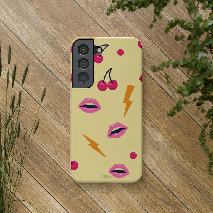 Eco-friendly Samsung case with bold lips and cherries design, stylish protection for many phone models.