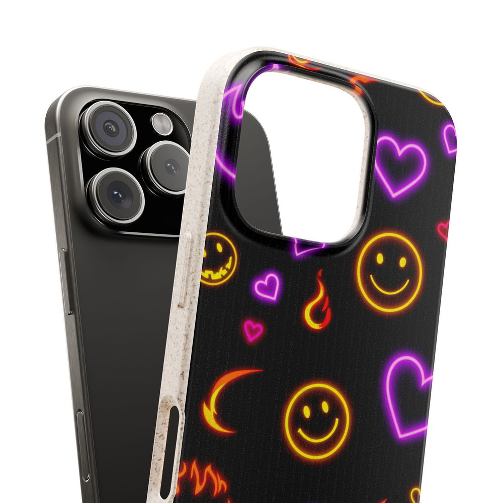 Glow Up Energy eco-friendly phone case with vibrant emojis and flames, durable design for iPhone and Samsung models.