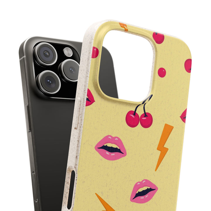 Eco-friendly Lip Service iPhone case with vibrant design, showcasing lips, cherries, and lightning bolts. Fits many iPhone models.