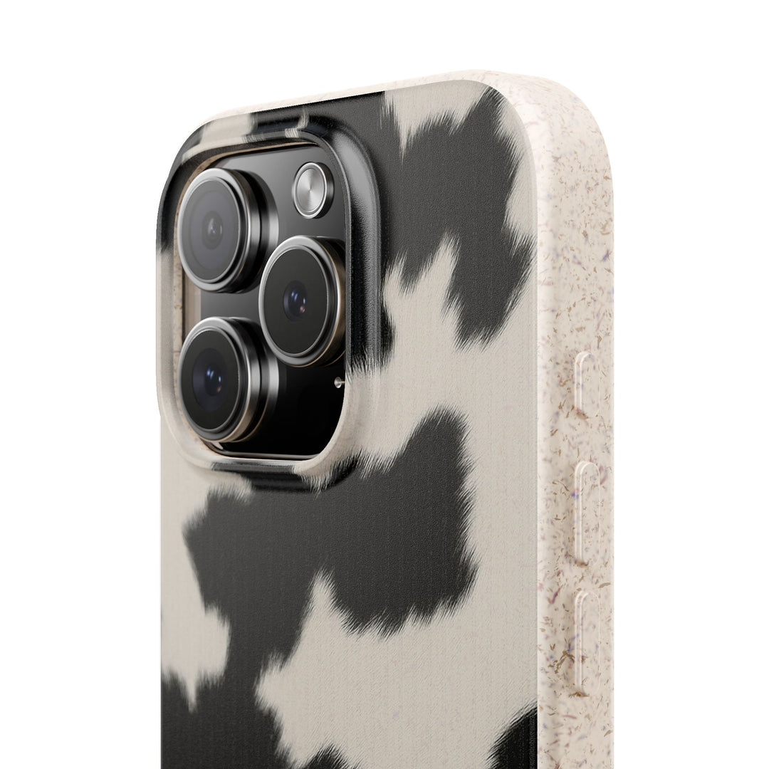 Eco-friendly biodegradable iPhone case with stylish cow print cover, durable and available for many iPhone and Samsung models.