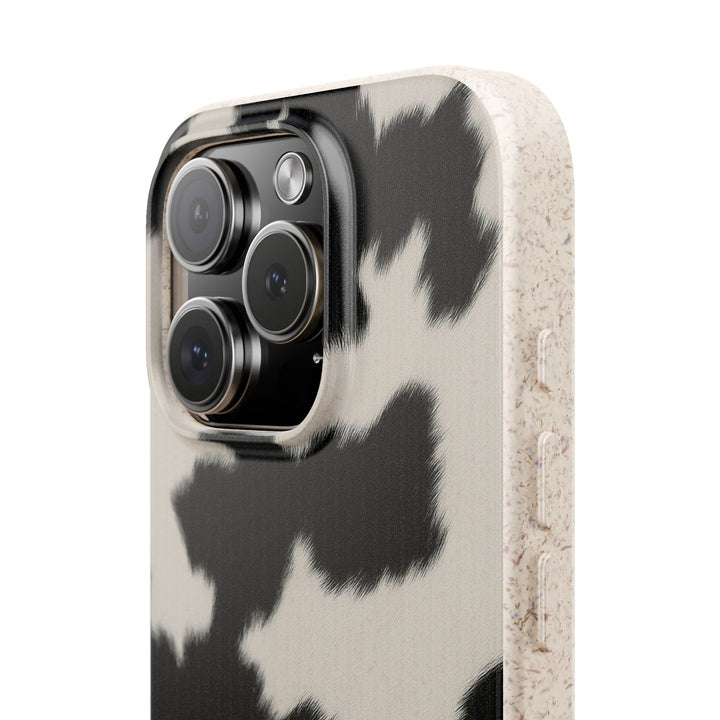 Eco-friendly biodegradable iPhone case with stylish cow print cover, durable and available for many iPhone and Samsung models.
