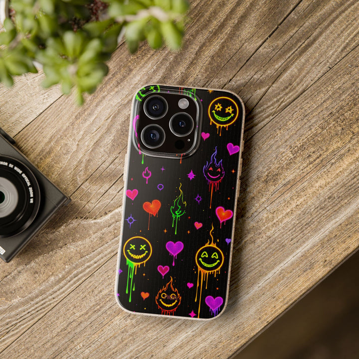 Neon Mood iPhone case with eco-friendly biodegradable materials, featuring fun and bold colors on a wooden table.