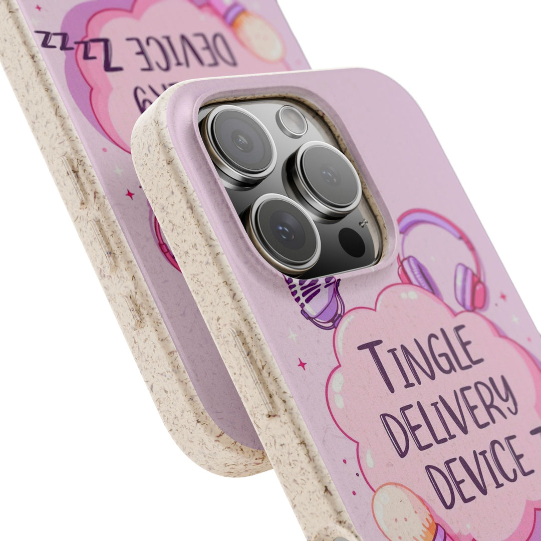 Eco-friendly ASMR phone case with 'Tingle Delivery Device' design, compatible with iPhone and Samsung models.