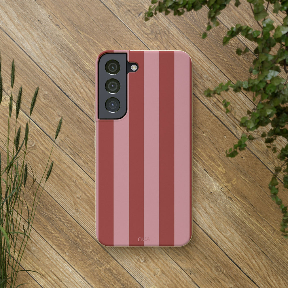 Pink striped eco-friendly Samsung case, biodegradable and durable, perfect for many phone models with stylish, sustainable design.