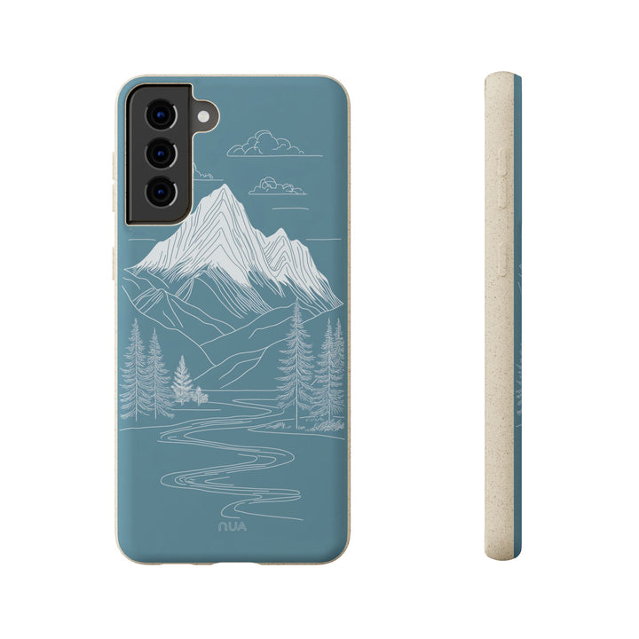 Eco-friendly Samsung case with white mountain line art on blue, showcasing serene nature vibes; fits various models.