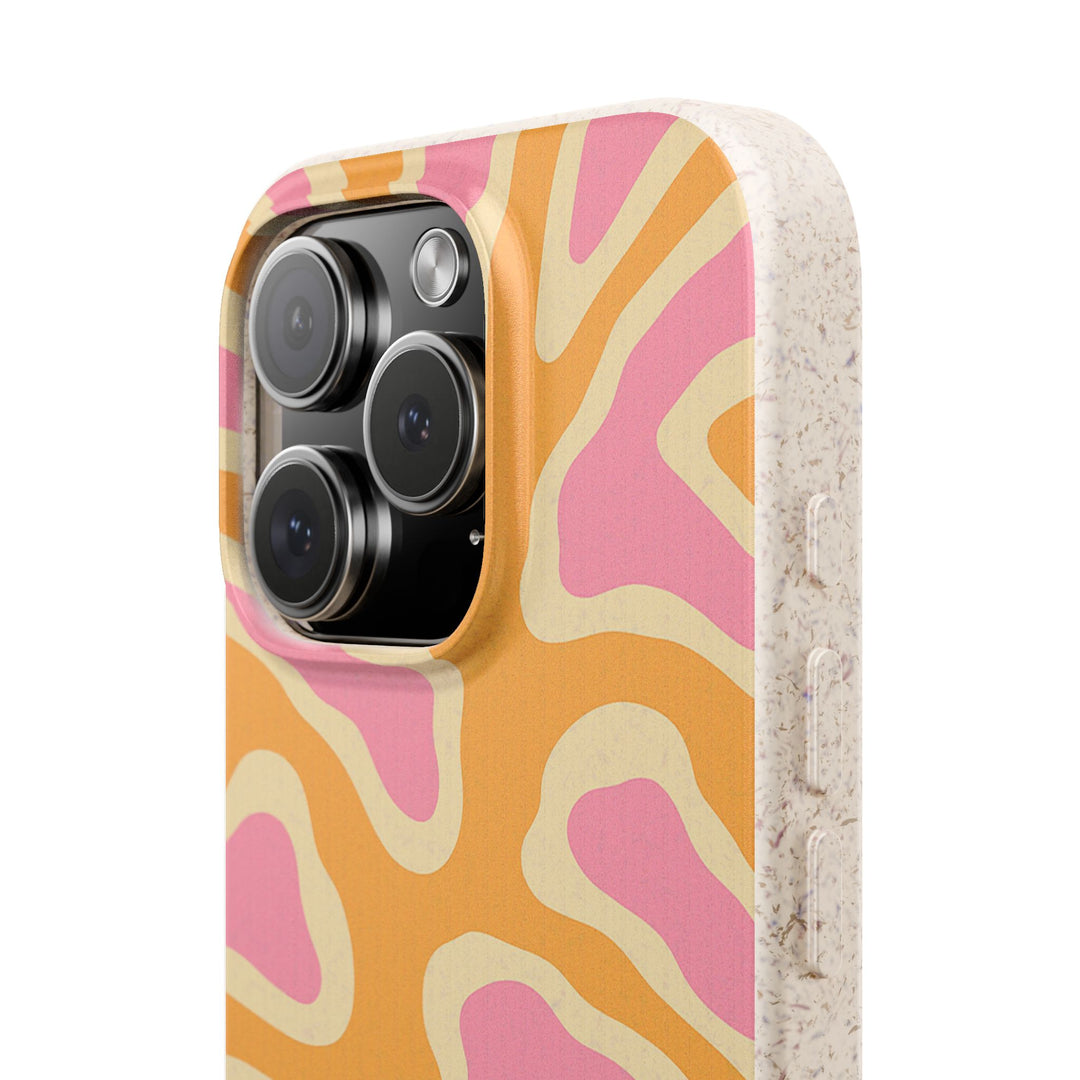 Eco-friendly retro abstract iPhone case with vibrant design, durable and flexible, fits many iPhone and Samsung models.