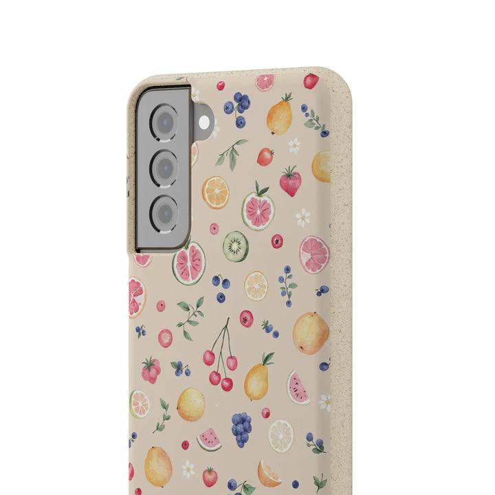 Eco-friendly Samsung case with vibrant fruit garden design, made of PLA and bamboo. Perfect for nature lovers and many phone models.