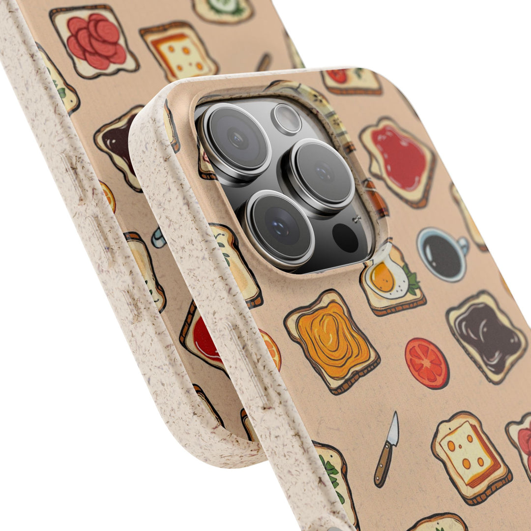 Eco-friendly phone case with fun food design and vibrant toast toppings, compatible with iPhone and Samsung models for colorful protection.