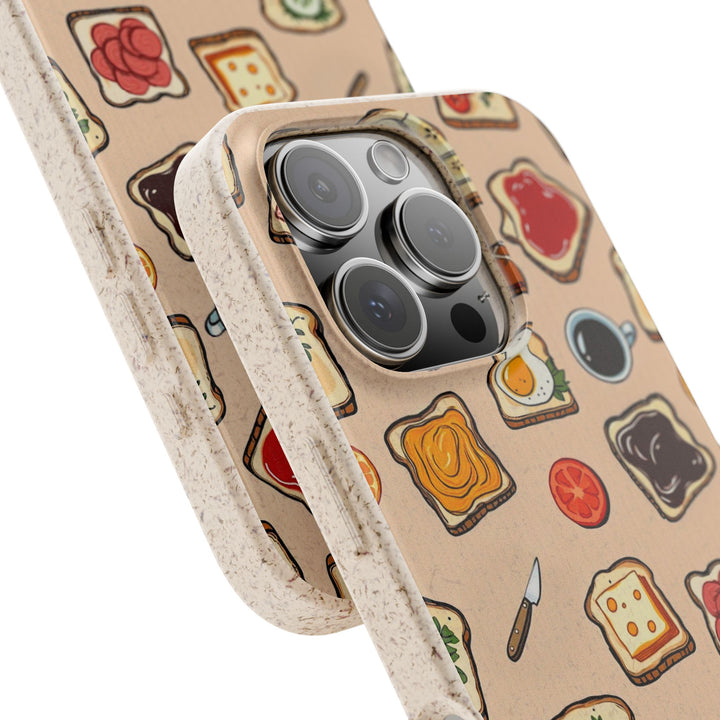 Eco-friendly phone case with fun food design and vibrant toast toppings, compatible with iPhone and Samsung models for colorful protection.
