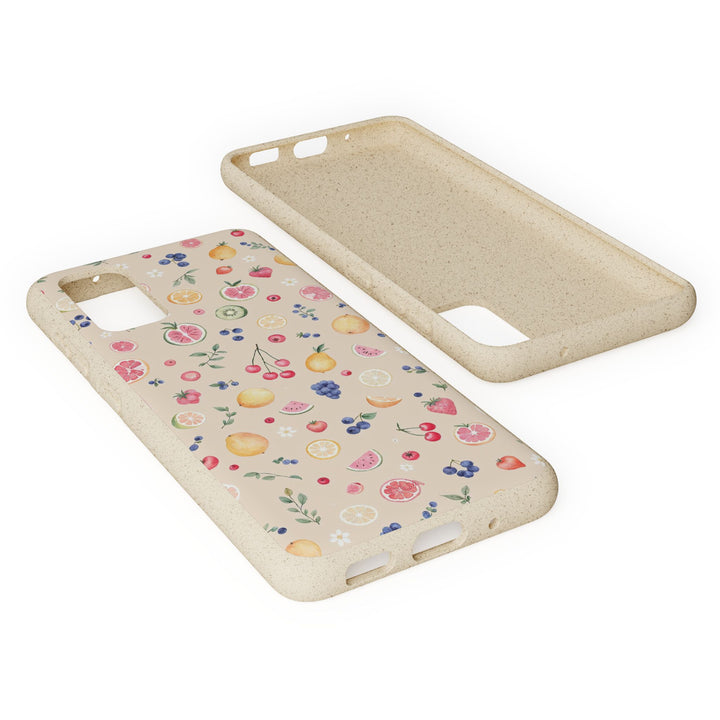 Eco-friendly Samsung case with vibrant fruit garden design, made of PLA and bamboo fiber. Durable and stylish for various models.