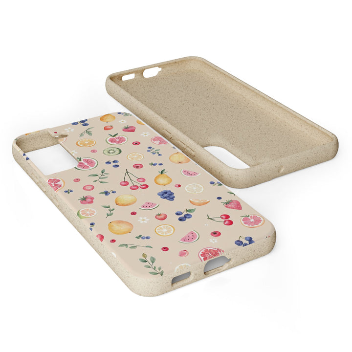 Eco-friendly Samsung phone case with vibrant fruit garden design, biodegradable and perfect for summer, suitable for many models.
