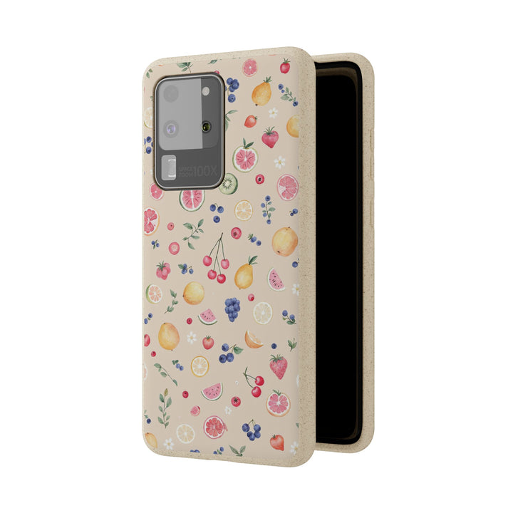 Eco-friendly Samsung phone case with vibrant fruit garden design, made of durable PLA plant polymer and bamboo fibre, for nature lovers.