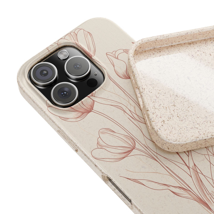 Eco-friendly red line art floral phone case for iPhone and Samsung models. Durable, biodegradable, stylish protection.
