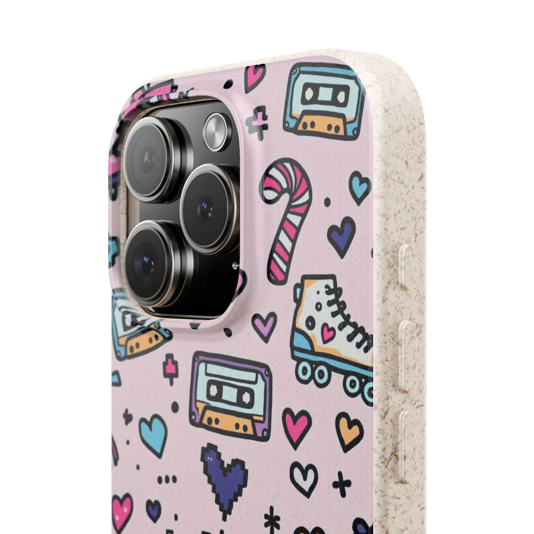 Eco-friendly iPhone case with playful 90s-inspired design, featuring vibrant colors and patterns. Perfect for trendsetters and nature lovers.