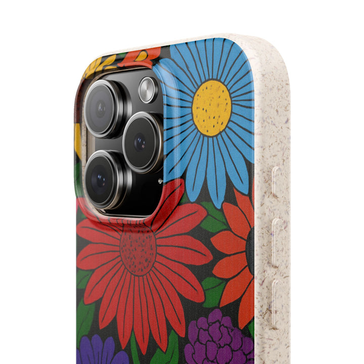 Eco-friendly iPhone case with vibrant floral design, featuring durable and stylish matte finish. Made from biodegradable PLA and bamboo.