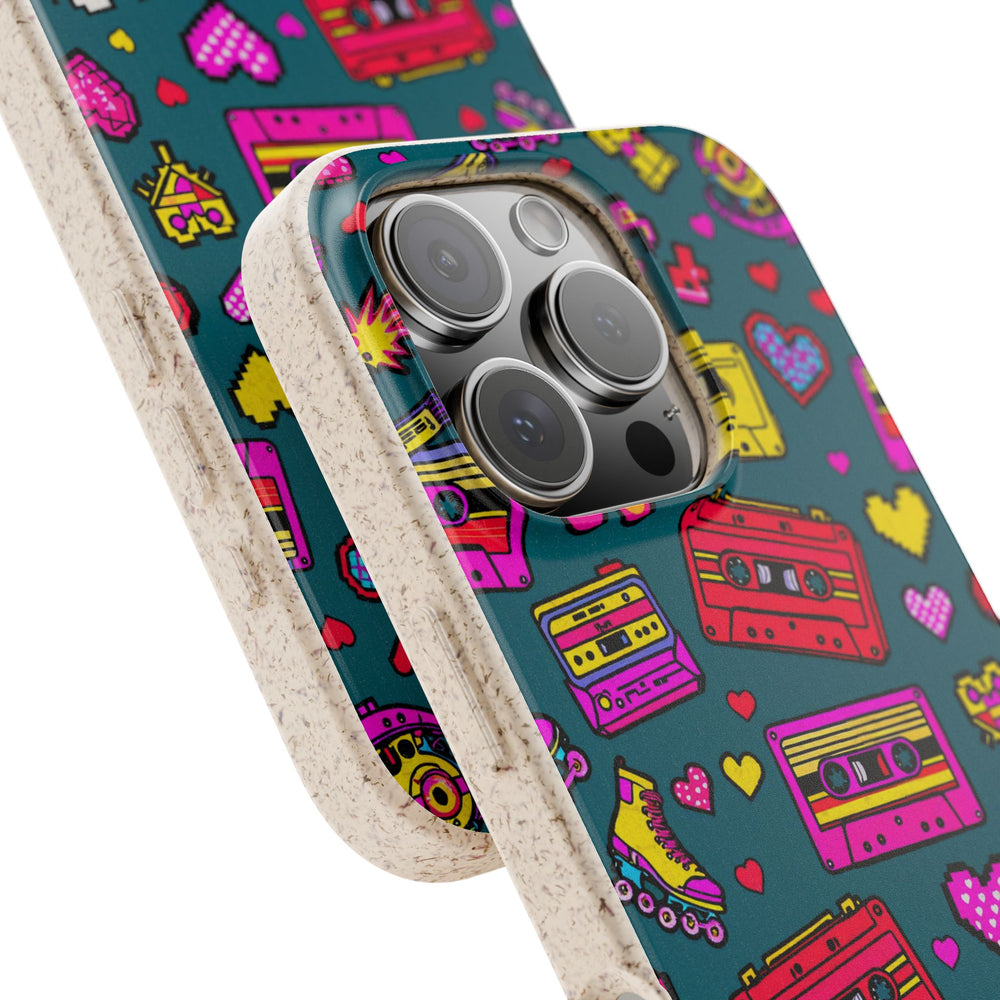 Pixel Pop Paradise iPhone Case: Eco-friendly, durable, biodegradable with playful retro cassette and skate designs for many models.