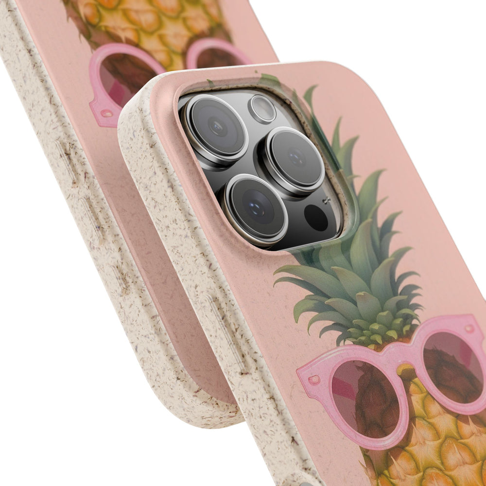 Eco-friendly pineapple phone case with tropical vibe, compatible with iPhone and Samsung. Durable and stylish for summer fun.