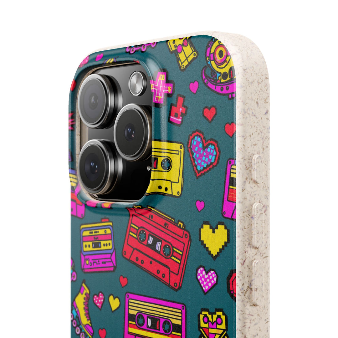 Eco-friendly iPhone case with retro cassette design, vibrant colors, and durable frosted finish for multiple iPhone and Samsung models.