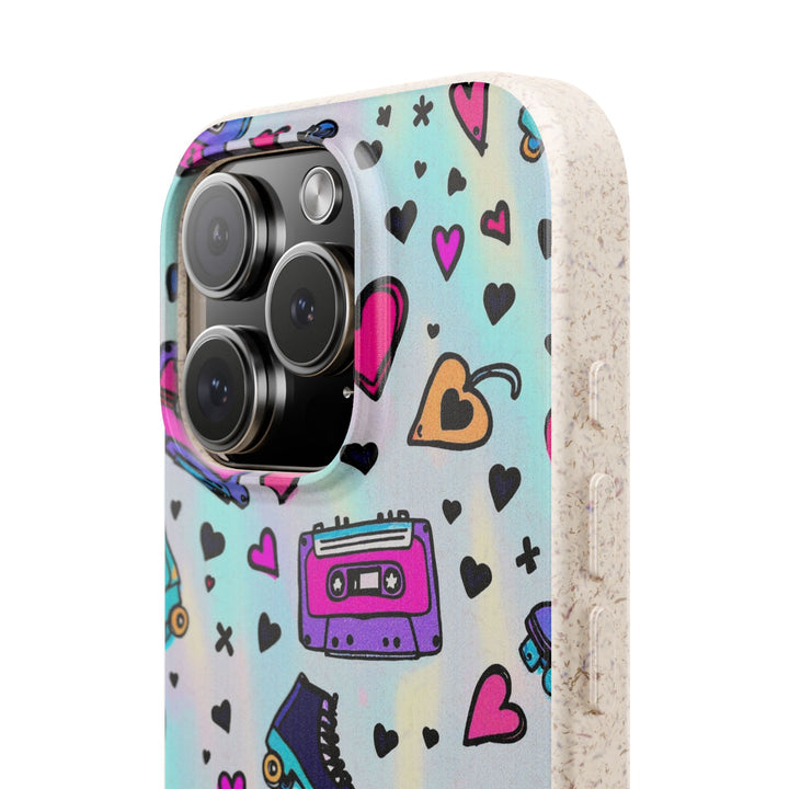 Colorful eco-friendly iPhone case with retro roller skate and cassette patterns, offering style and durability for skate lovers.