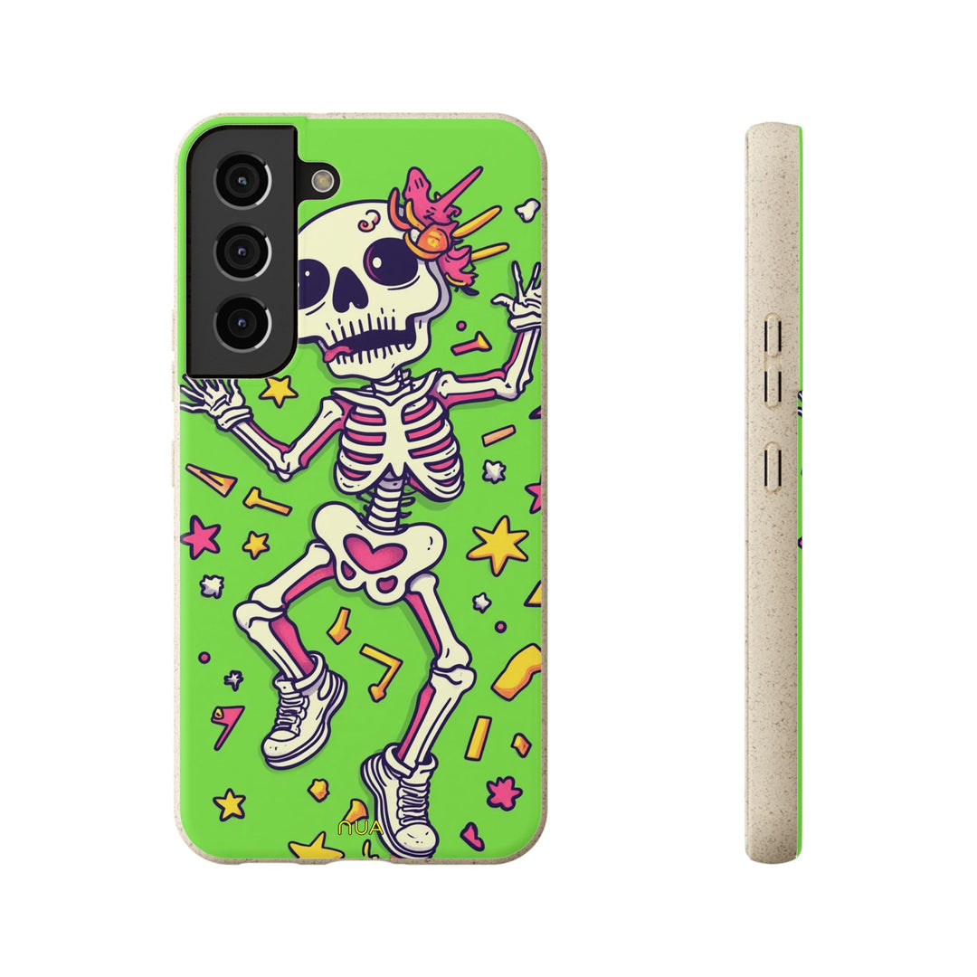 Eco-friendly Samsung case with fun skeleton design, vibrant green background. Durable and stylish for various models. Perfect for individuals.