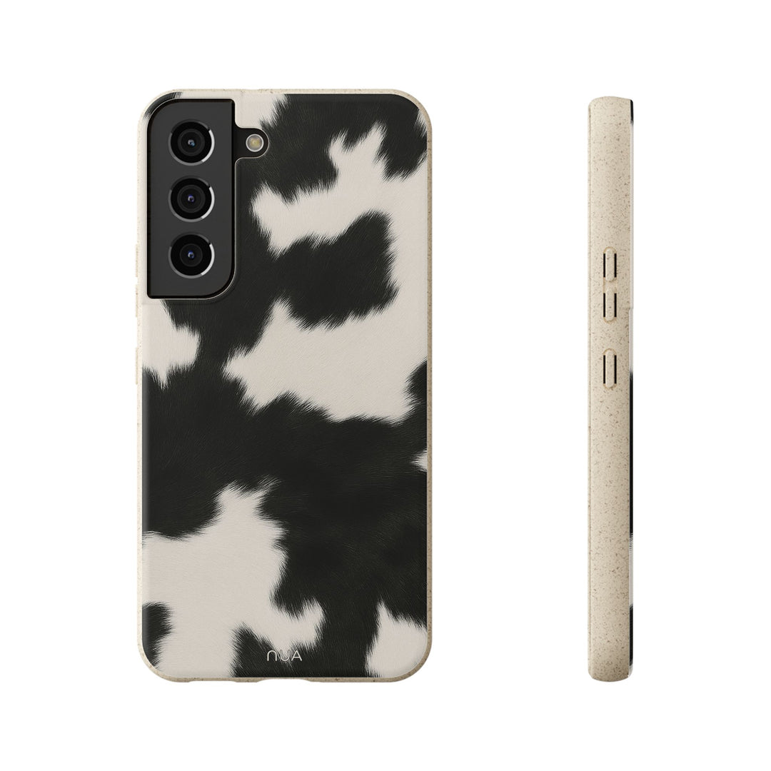 Eco-friendly cow print Samsung case, biodegradable with durable design, fits various models; perfect for stylish sustainability.