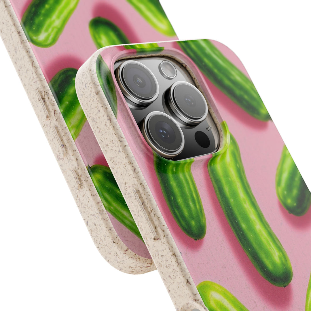 Eco-friendly iPhone case with pickle design, durable and stylish, made of biodegradable PLA polymer, Magsafe® charging compatible.