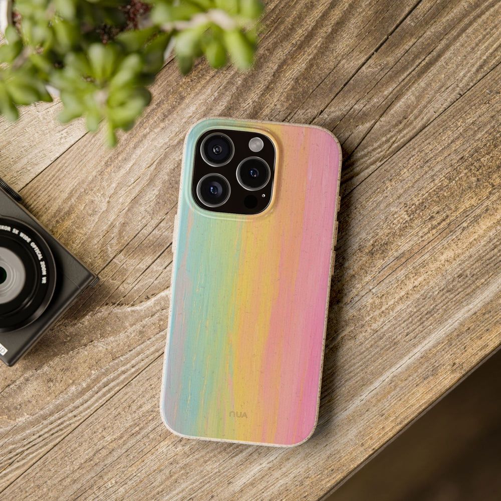 Pastel Vibes eco-friendly iPhone case with vibrant colors, biodegradable material, and stylish design, ideal for Earth-conscious adults.