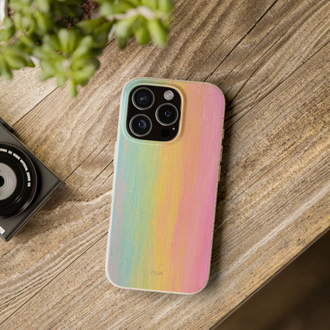 Pastel Vibes eco-friendly iPhone case with vibrant colors, biodegradable material, and stylish design, ideal for Earth-conscious adults.