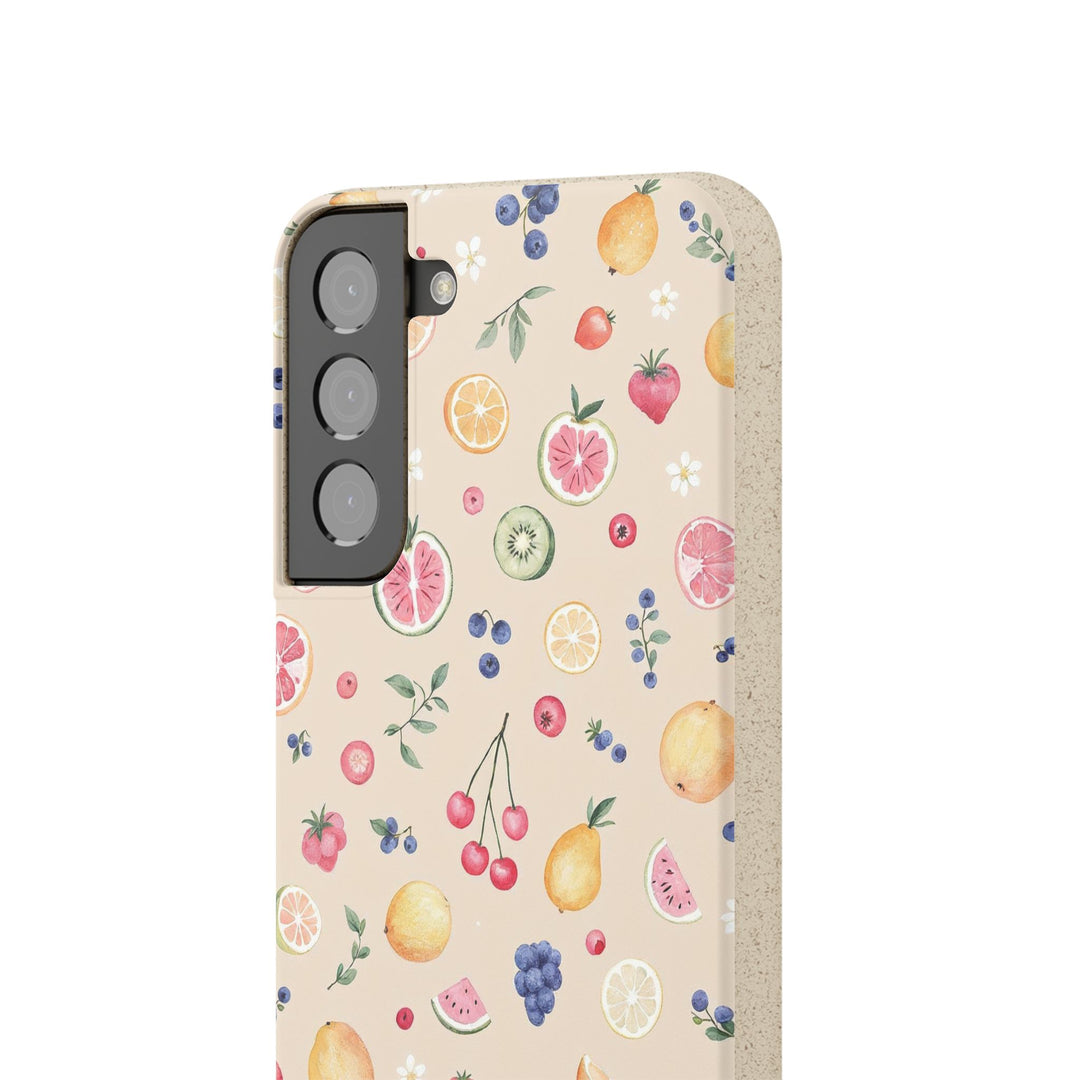 Eco-friendly Samsung case with vibrant fruit garden design, made of PLA and bamboo fibre, perfect for nature lovers and summer style.