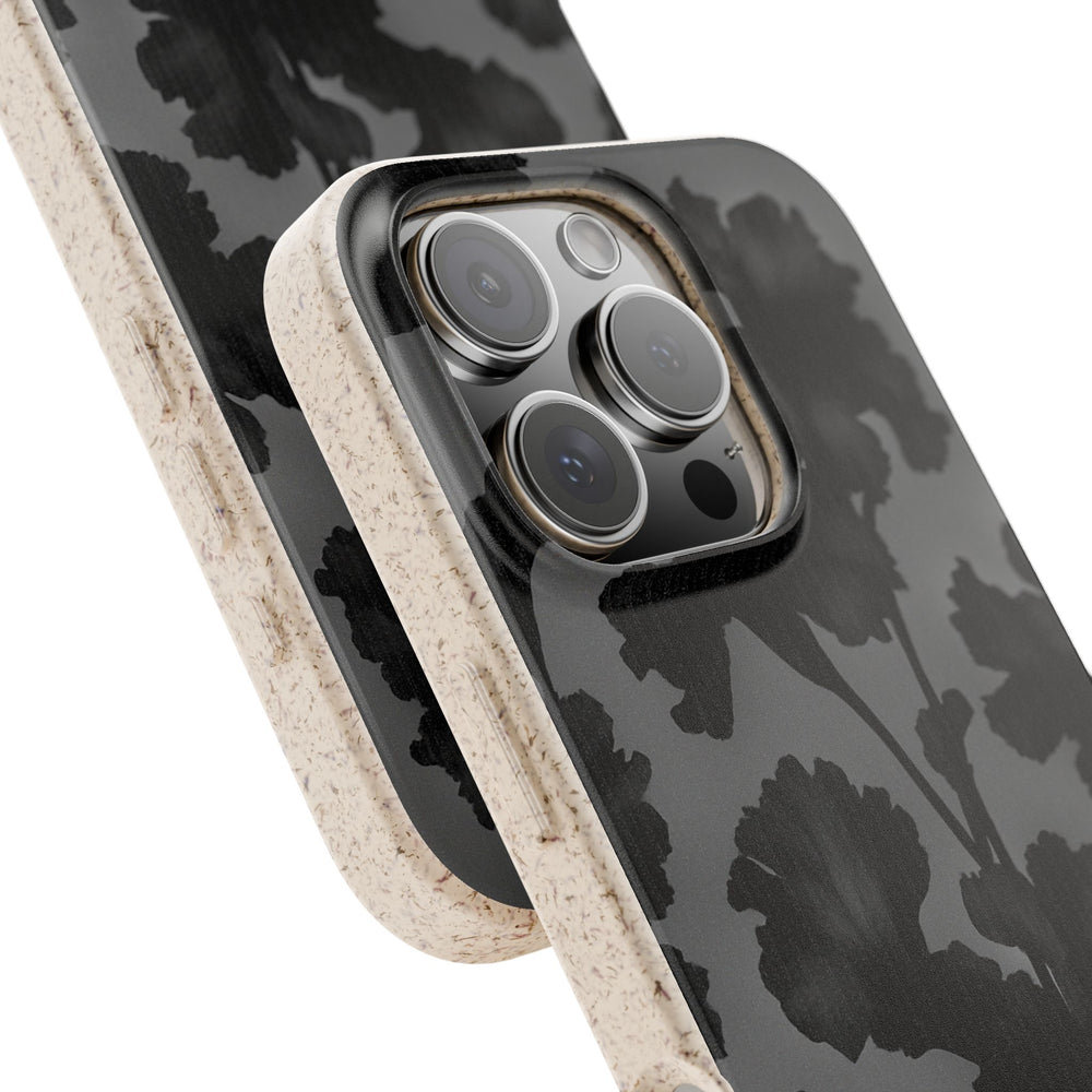 Eco-friendly Dark Midnight Bloom phone case with frosted finish, designed for iPhone and Samsung models. Durable and stylish protection.