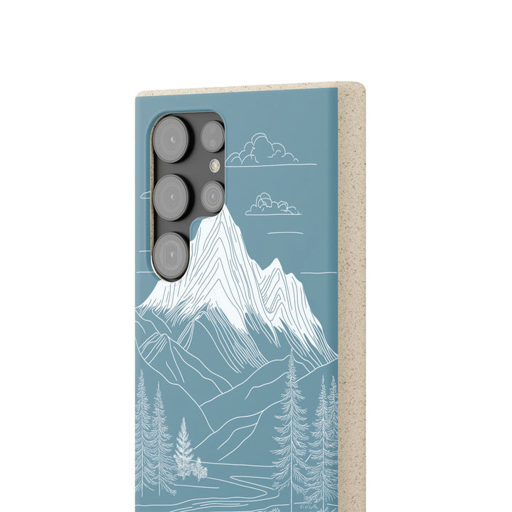 Eco-friendly Samsung case with white mountain art on blue, perfect for nature lovers, fits many phone models.
