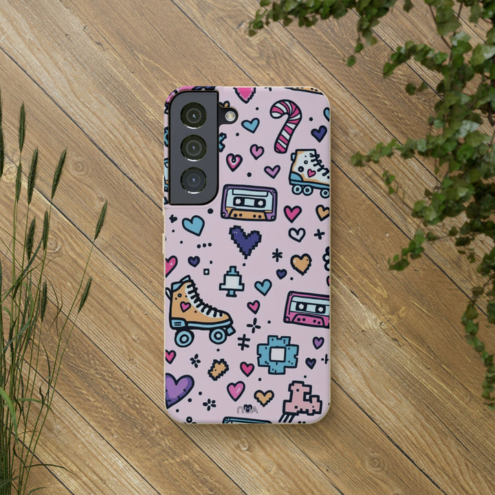 Retro Samsung case with colorful nostalgia-themed patterns, eco-friendly and durable. Fits many iPhone and Samsung models.