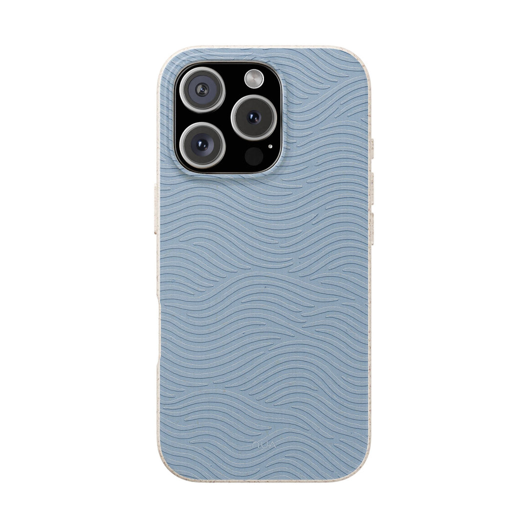 Eco-friendly biodegradable phone case with wave design, vibrant colors, durable, fits many iPhone and Samsung models.
