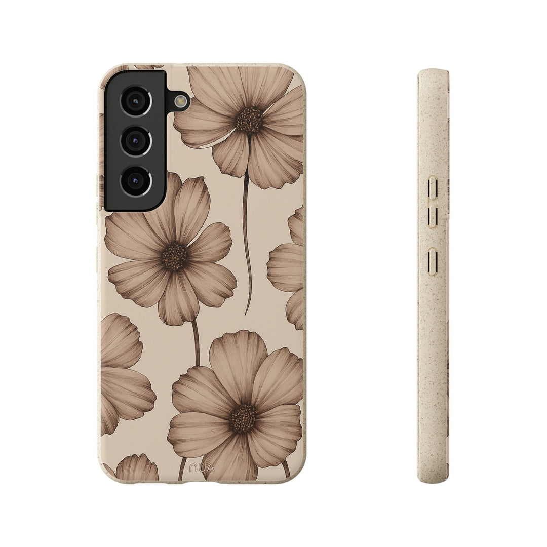 Luxurious eco-friendly Samsung phone case with beige floral design, showcasing vibrant colors and durable, sustainable materials.