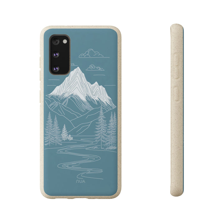 Eco-friendly Samsung case with white mountain art, blue background, durable design for nature lovers, fits many phone models.